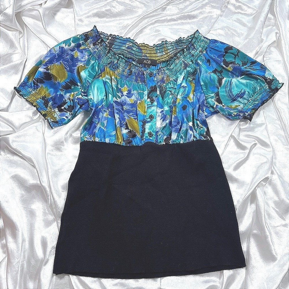 y2k AGB Blouse Blue Excellent Floral Smocked Off Shoulder Ribbed Knit Top